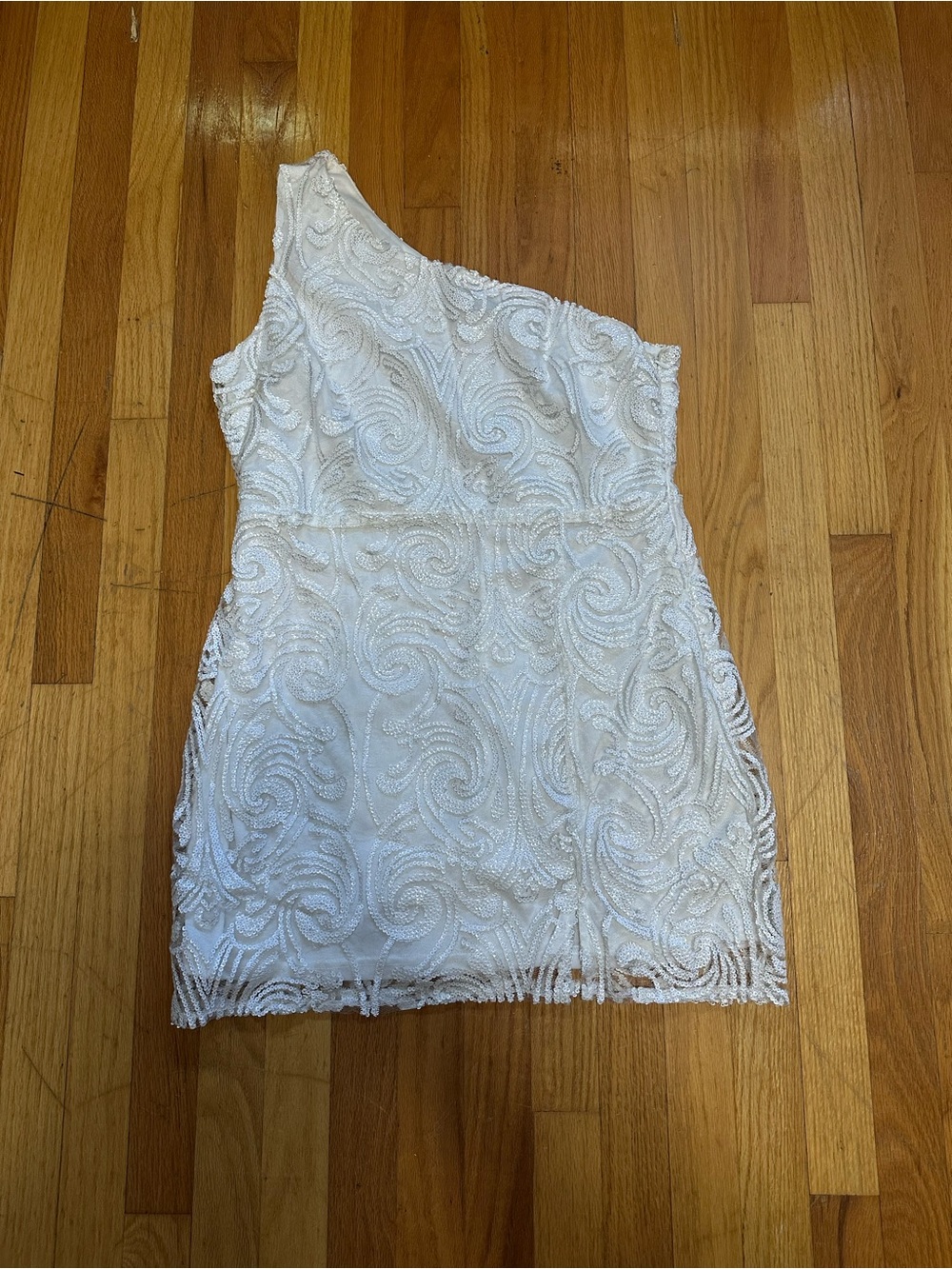 Lulu's Ivory One-Shoulder Beaded Mini Dress